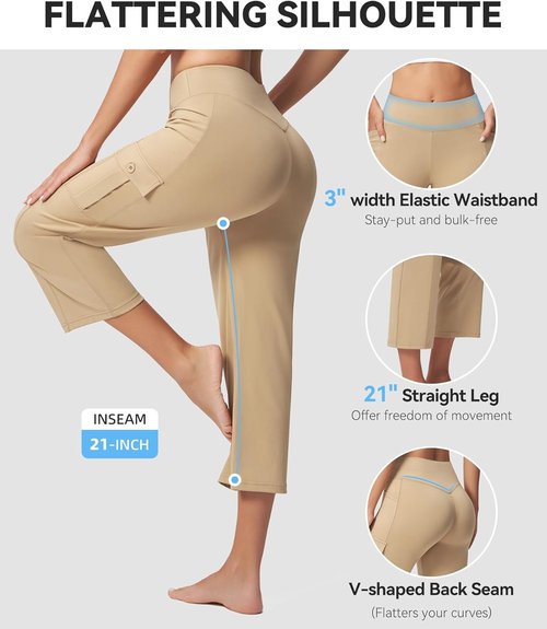 Casei Women's Yoga Capris - High Waisted Cargo Pants with Pockets | Casual Cropped Workout Trousers