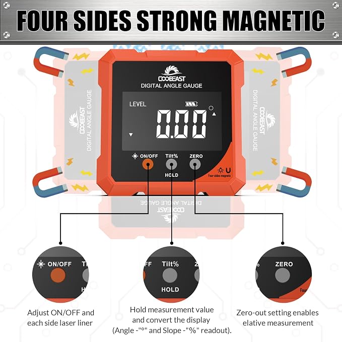 Digital Angle Finder with Laser, 4-side Magnetic Digital Angle Gauge,