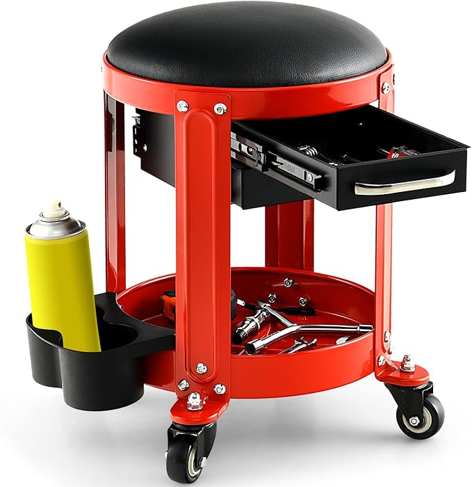Nightcore Workshop Rolling Seat, Round Creeper Stool with Removable Cushion, Tool Tray, 2 Drawers & Twin Can Holders, Mechanic Roller with 4 Universal Casters for Garage, 300 Lbs Weight Capacity