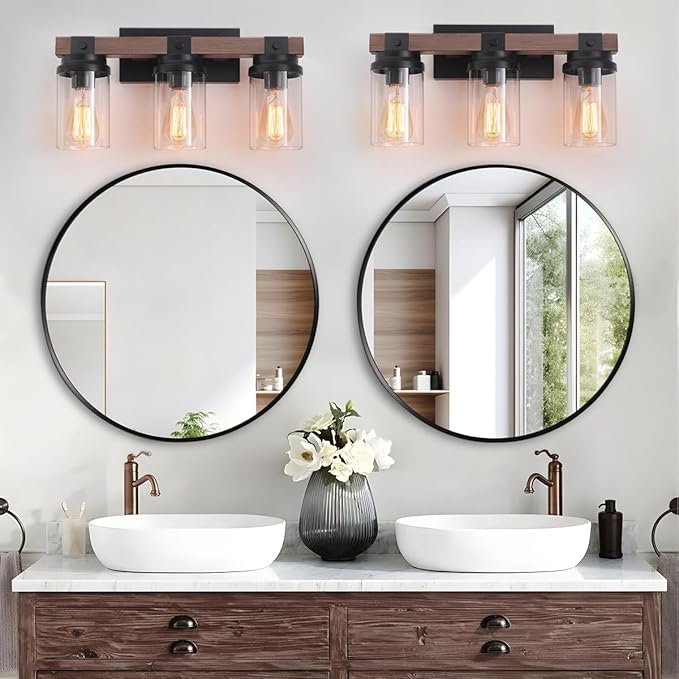 3 Light Farmhouse Vanity Light, Rustic Black Bathroom Light Over Mirror with Clear Glass Shade, Wood Grain Vintage Farmhouse Wall Sconces for Bathroom, Living Room, Hallway