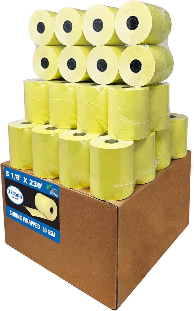 3 1/8 x 230 Yellow Thermal Paper Receipt Rolls fits all Clover POS Cash