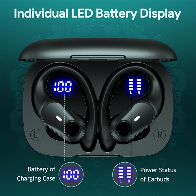 Active Noise Cancelling Ear Buds Wireless Earbuds 80H Playtime Bluetooth Headphones with LED Display Case, Hi-Res Audio Clear Calls Earphones with Over Ear Hooks for Running Gym Workout Travel Black