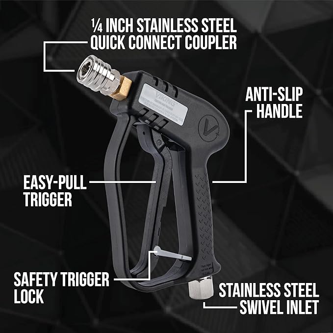 VIKING Premium Swivel Pressure Washer Gun, Short Handle with ¼” Quick Connect for a Gas or Electric Pressure Washer, Includes 3 Adapters and 2 Nozzles for Car Cleaning Kit