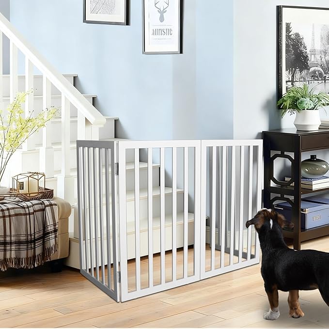 ZJSF Freestanding Indoor Dog Gate for House Foldable Wood White Puppy Gate for Doorways Pet Gate for Stairs Extra Wide Pet Fence 24" Height 4 Panels