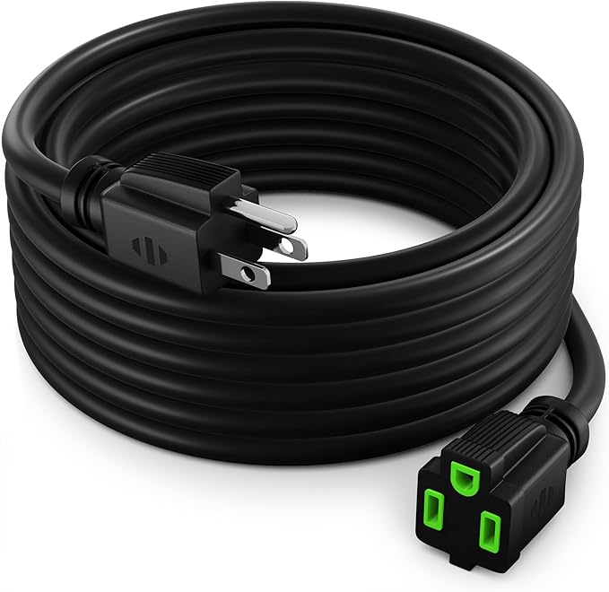 Maximm Extension Cord 12 Ft Black Power Cords Indoor 16 Gauge Wire SJTW Heavy Duty ETL Listed (12Ft, Black with Green Indicators)