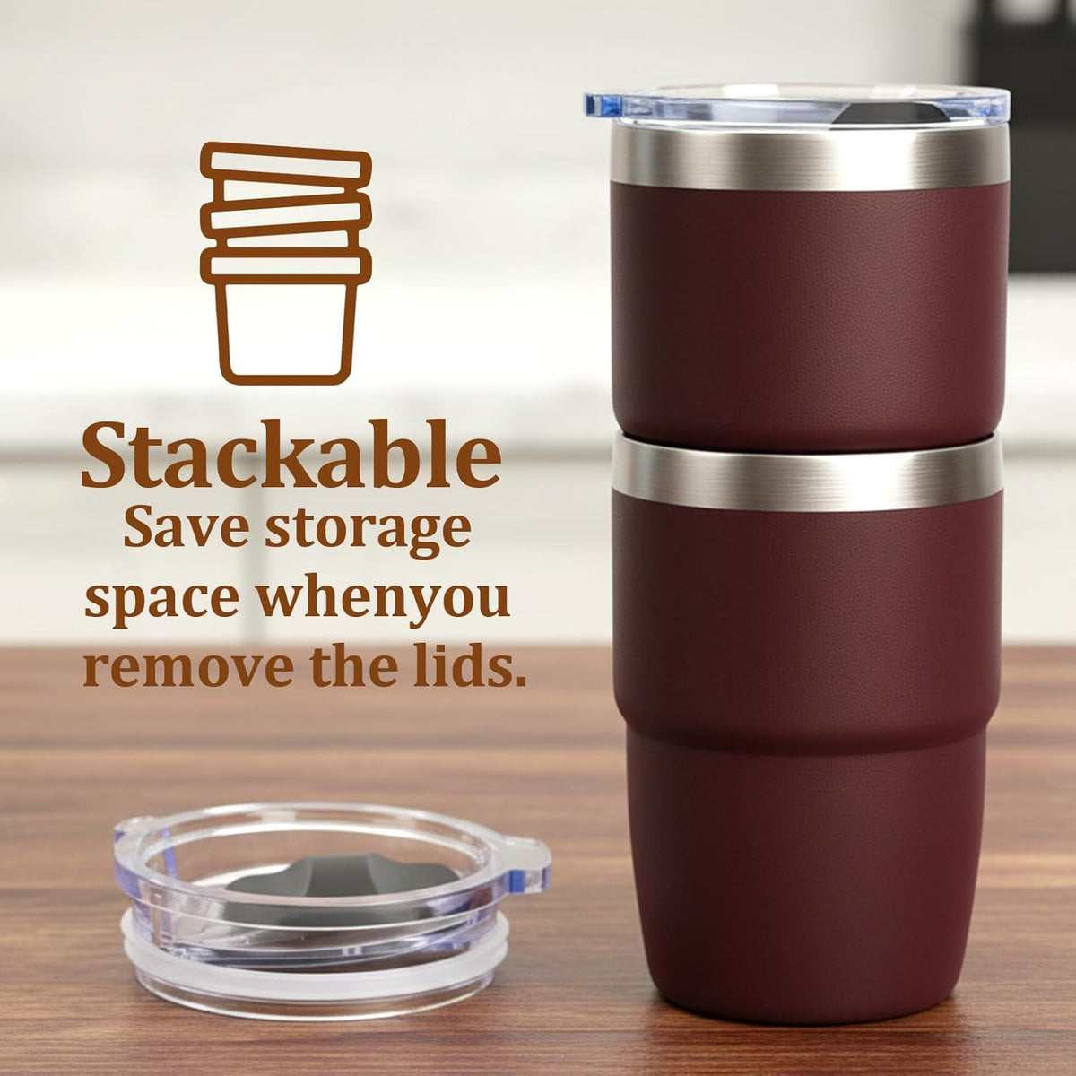 Zenbo Stackable Espresso Cups - 8 oz Ceramic-Lined Stainless Steel Tumblers | Double-Wall Insulated, Dishwasher Safe (Vine Crimson Red - 2 Pack)