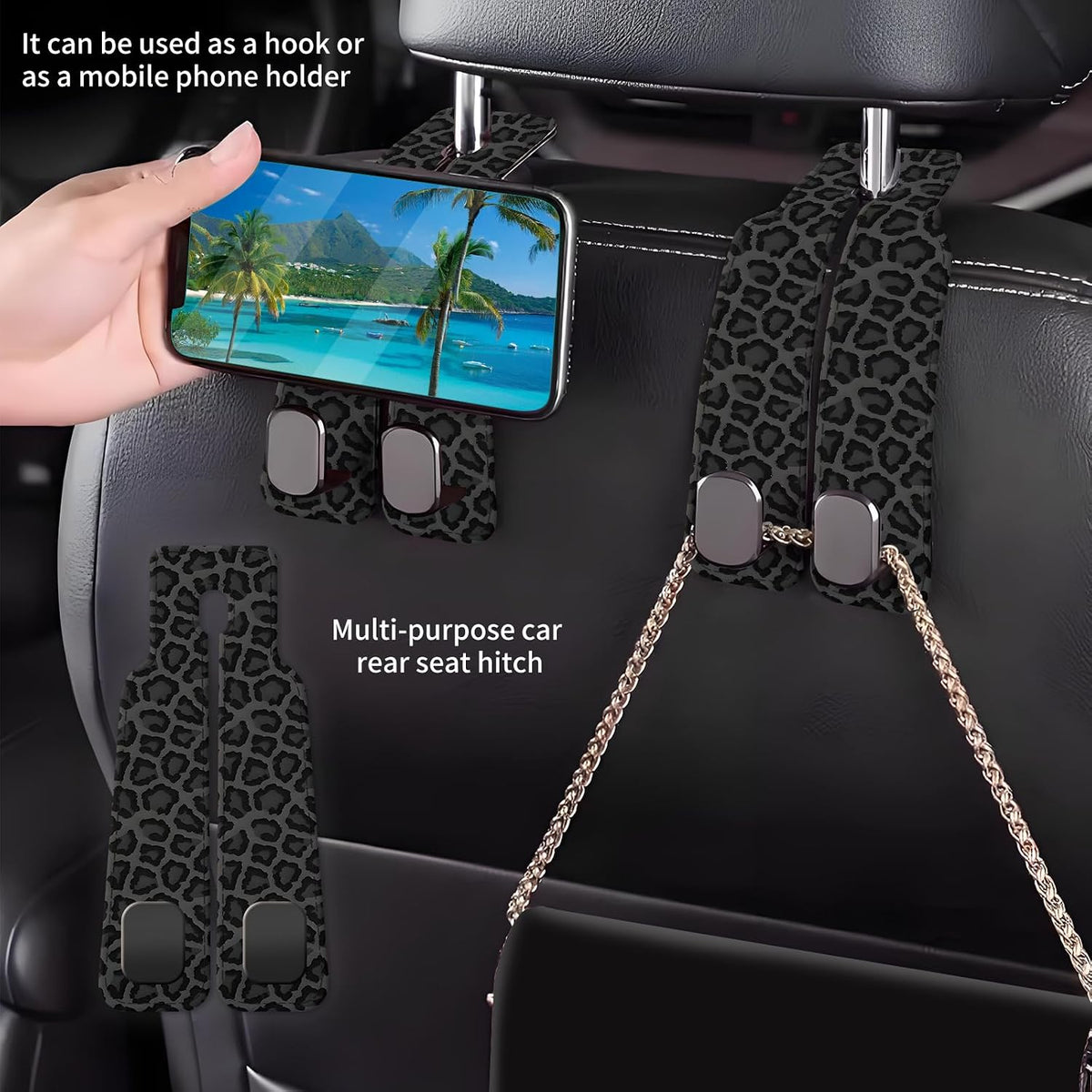 Car Seat Back Storage Headrest Hook, Premium Leather Double Metal Hook, Hanger Storage Organizer for Purse Cloth Bag, Car Interior Accessories Cute Black Leopard