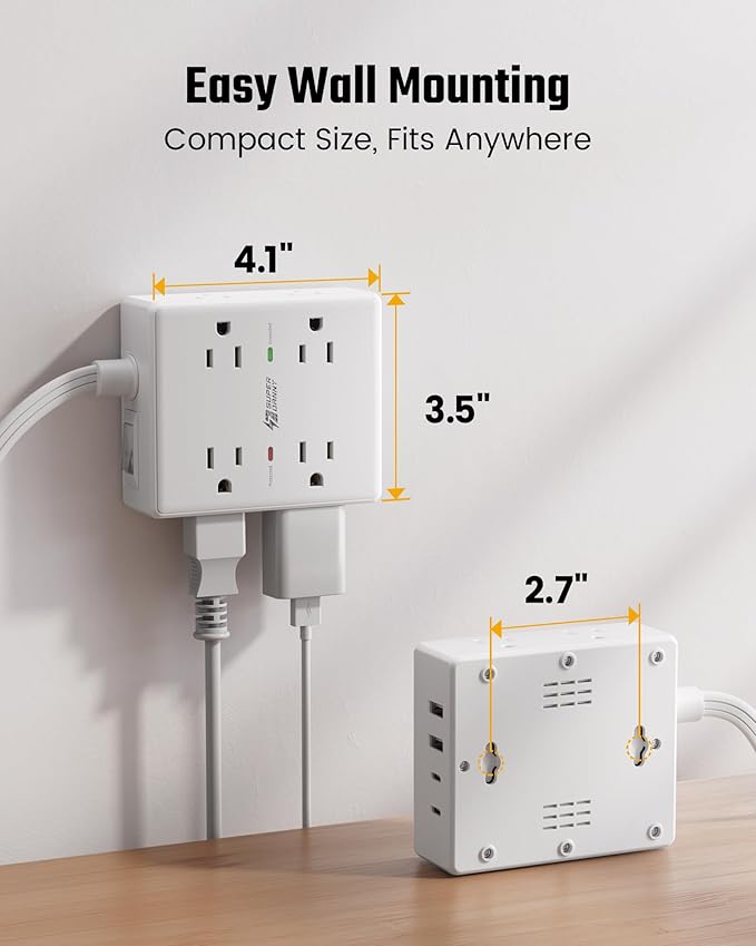 Flat Plug Surge Protector Power Strip, 6ft Ultra Thin Extension Cord with 4 USB (2 USB C Port), 8 Outlets Desk Charging Station, Wall Mountable Outlet Extender for Home Office, College Dorm Room
