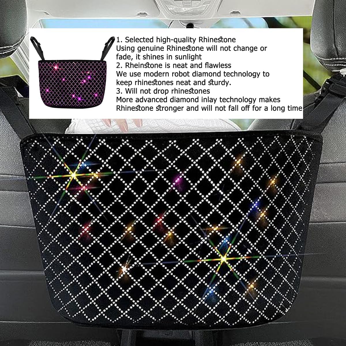 zipelo Bling Car Net Pocket Handbag Holder, Rhinestone Vehicle Backseat Purse Organizer Between Seats, Diamond Hanging Storage Bag Barrier of Pet Kids, Universal Automotive Accessories (Pink)