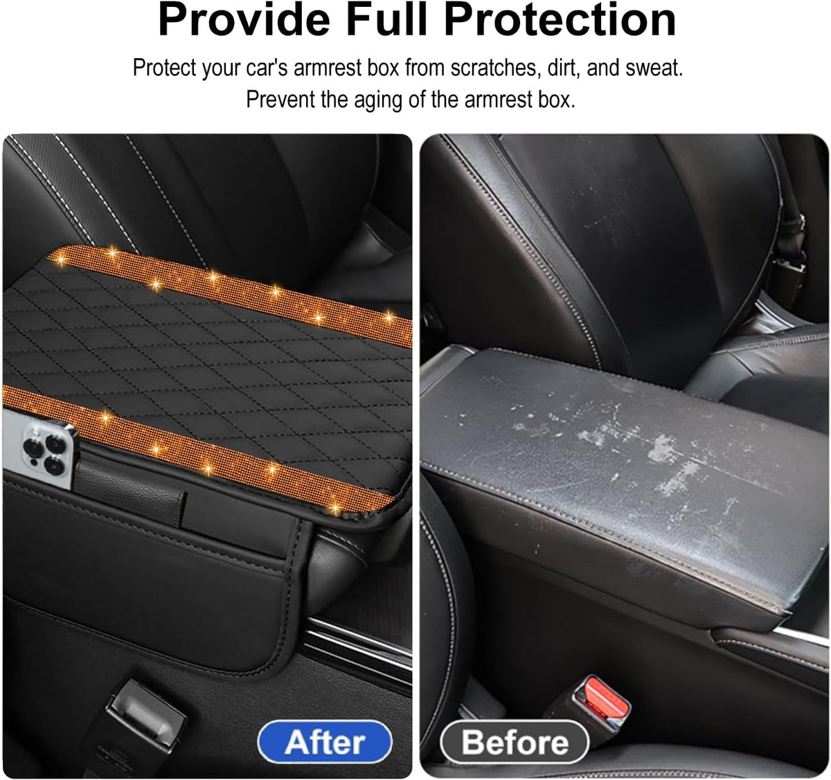 NBTEPEM Bling Car Center Console Cover, Leather Car Arm Rest Cover Cushion with 2 Storage Bags, Middle Console Cover Universal Armrest Protector Pads, Bling Accessories for Most Vehicles (Orange)