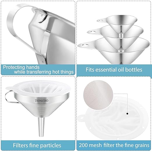 Toncoo 6 Pack Stainless Steel Funnels for Kitchen Use, Food Grade Cooking Funnel with 3 Strainer, Kitchen Funnel Set Metal Funnels for Filling Bottles