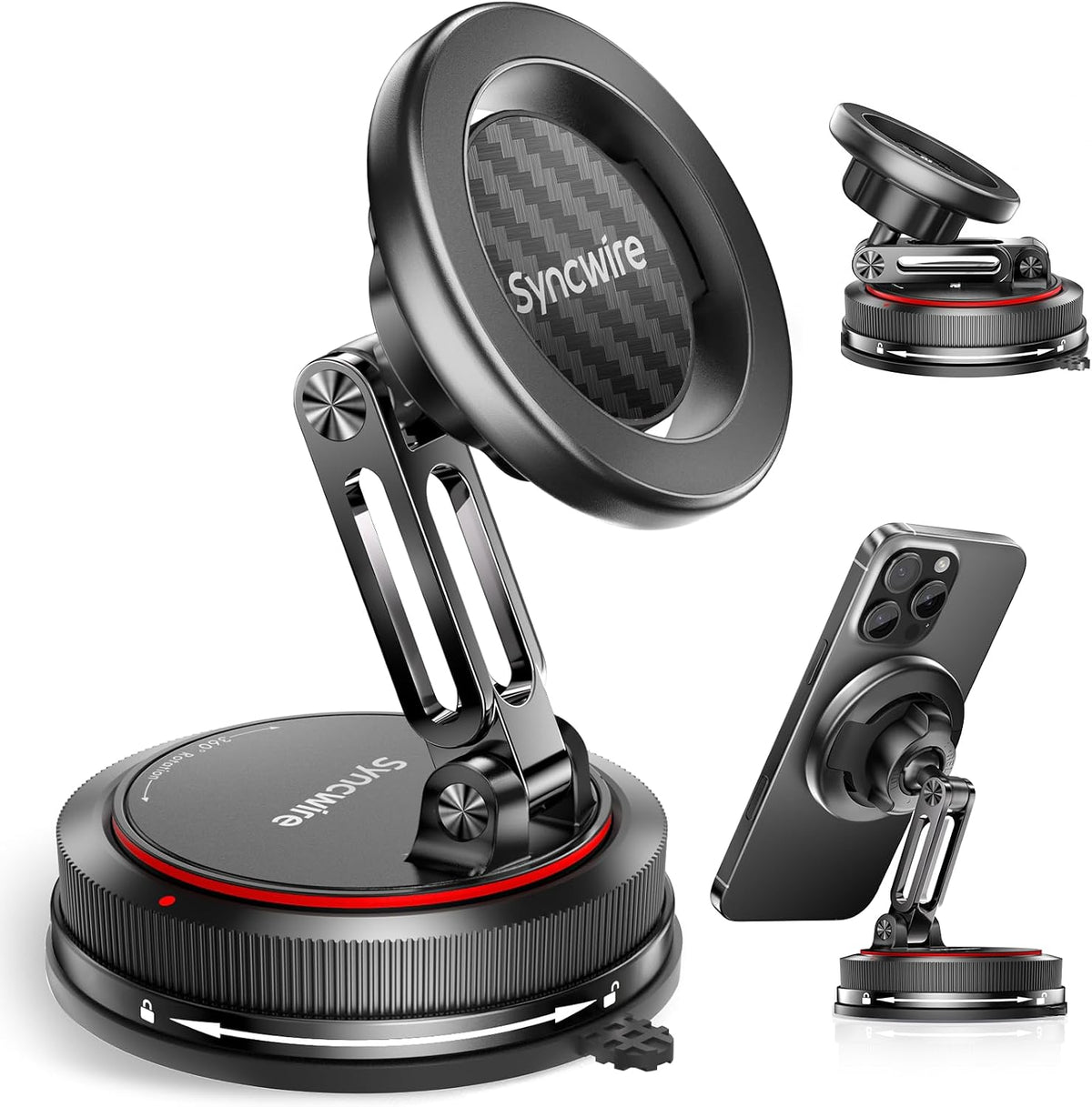SYNCWIRE for MagSafe Car Mount [2-Axis Design] Nano Adhesive Gel + Suction Cup Magnetic Phone Holder for Dashboard & Windshield, 360° Adjustable for iPhone 17 16 15 14 13 12 11, Samsung, Carbon Fiber