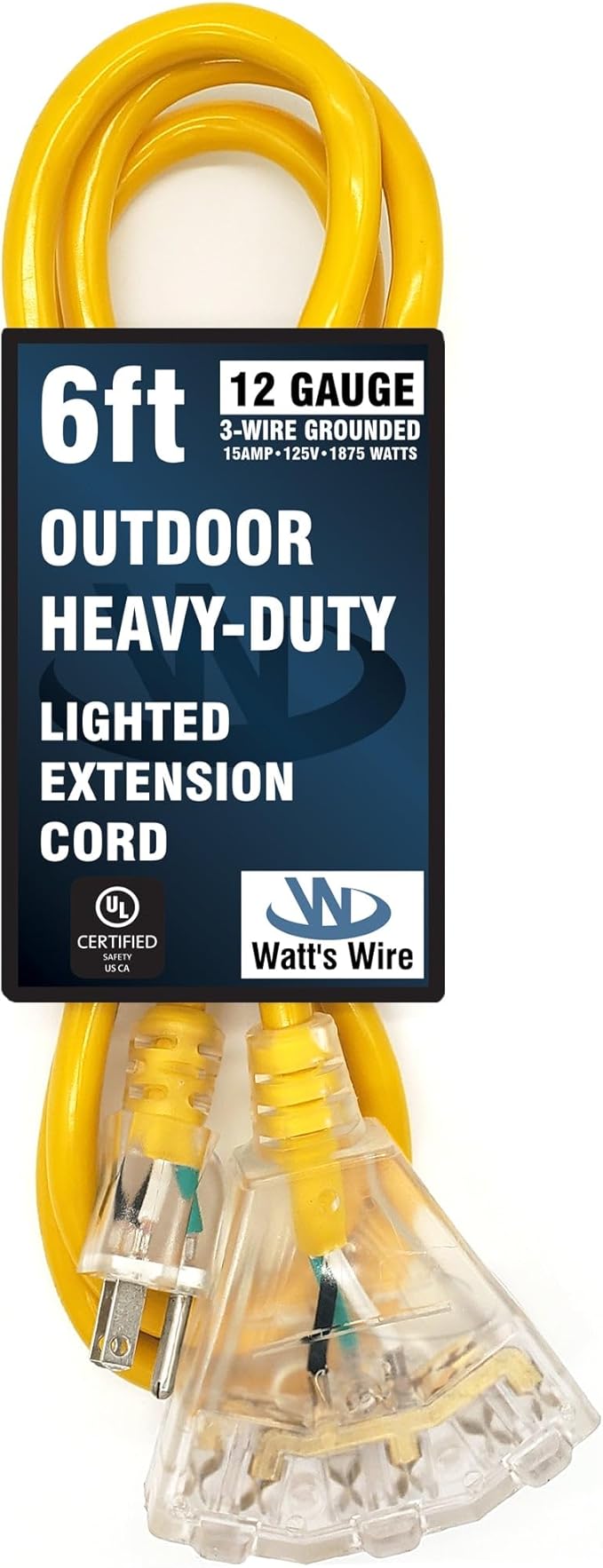 6 ft Short Outdoor Extension Cord Waterproof - 12 Gauge Heavy Duty Extension Cord Splitter Outdoor 6 ft - Lighted Outdoor Extension Cords with Multiple Outlets - Watts Wire - 6' Grounded