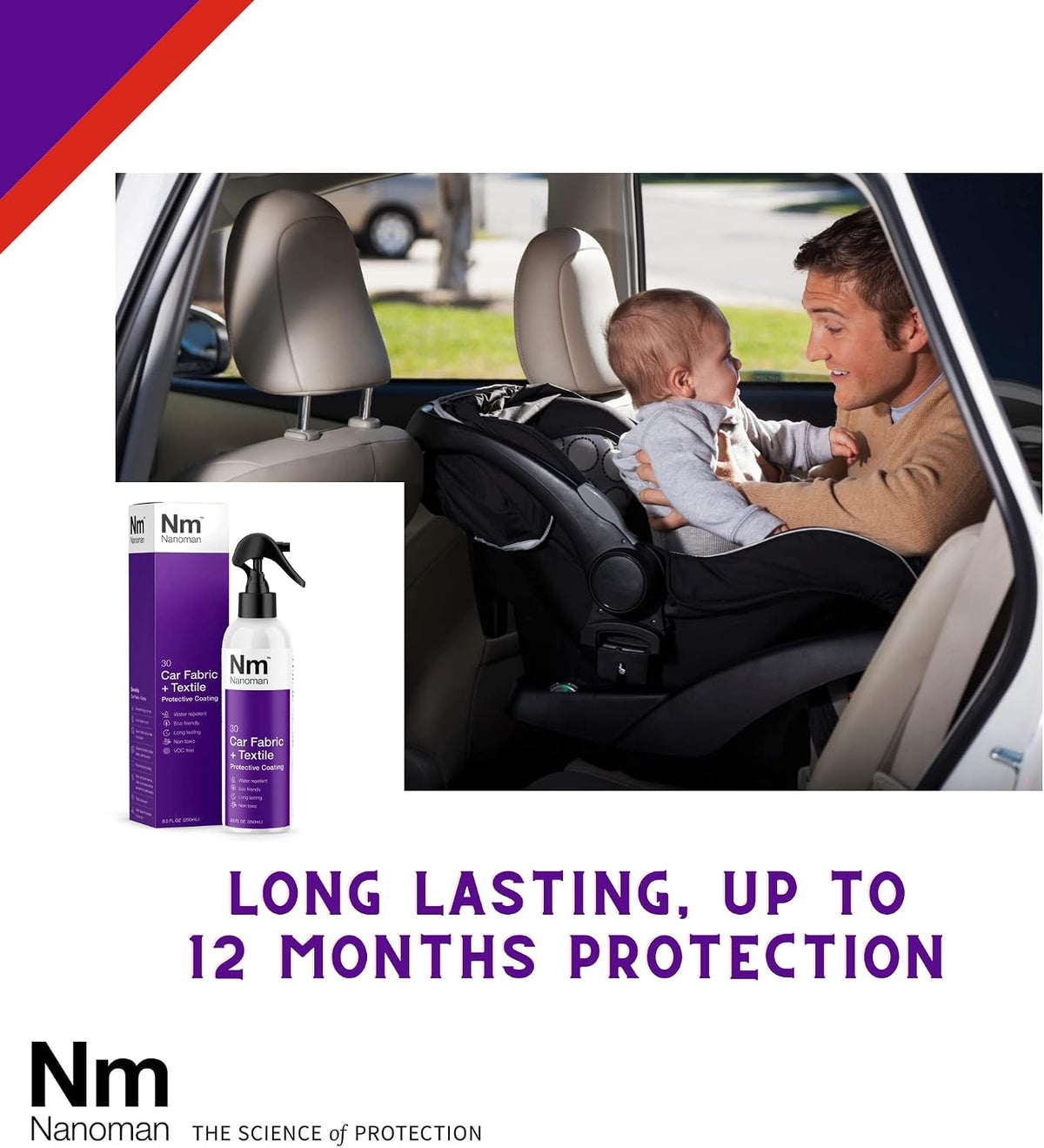 NANOMAN Protect Car Seats from Spills & Stains Fabric & Upholstery Protector Spray (250ml) – Invisible Waterproof Coating for Car Seats, Carpets & Interior Fabric – Easy DIY One-Coat Application