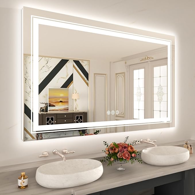 WTTY LED Bathroom Mirror 55"x30" with RGB Backlit and Front Light,Stepless Dimmable LED Mirror for Bathroom,Colored Lighted Bathroom Vanity Mirror,Anti-Fog,Memory Function,Shatter-Proof