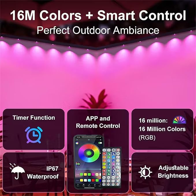 50FT Permanent Outdoor RGB Lights,Waterproof Smart LED Eaves Lights with App/Remote Control,for Christmas and All Holiday Decor,Daily and Accent Lighting,House Roof and Garden Lighting