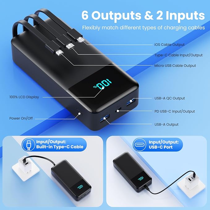 Portable Charger 70800mAh Power Bank with 3 Built in Cables,25W PD QC4.0 Fast Charging USB C Battery Pack,6 Outputs 2 Inputs LCD Display Portable Phone Charger for iPhone 17/16/15/14,Google,Android