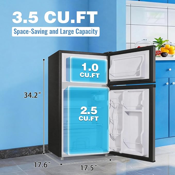 3.5 Cu.Ft Compact Refrigerator Gray, Dual-Door MIni Fridge for Home | 2 Removable Glass Shelves, Large Capacity with 7 Settings, Low Consumption for Dorm Apartment