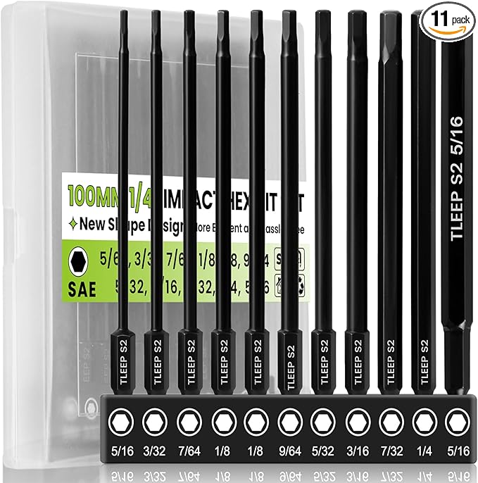 11Pcs 1/4" Allen Wrench Drill Bit Set 5/16"-5/64", 100MM Long Length Magnetic SAE Hex Key Set with Case for Ikea Furniture, S2 Steel, Black Drill Bits Tools for Narrow Spaces, 11 Pcs Full Sizes