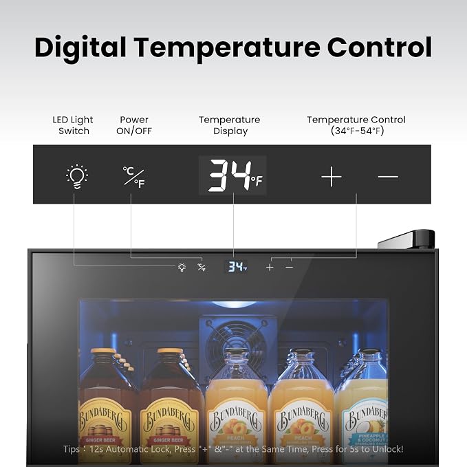 Yeego Beverage Refrigerator Drink Cooler, 65 Cans Mini Fridge Glass Door | Soda Wine Beer Cooler, 34°F To 54°F Temperature Control, for Home Office Bar, Countertop, Black