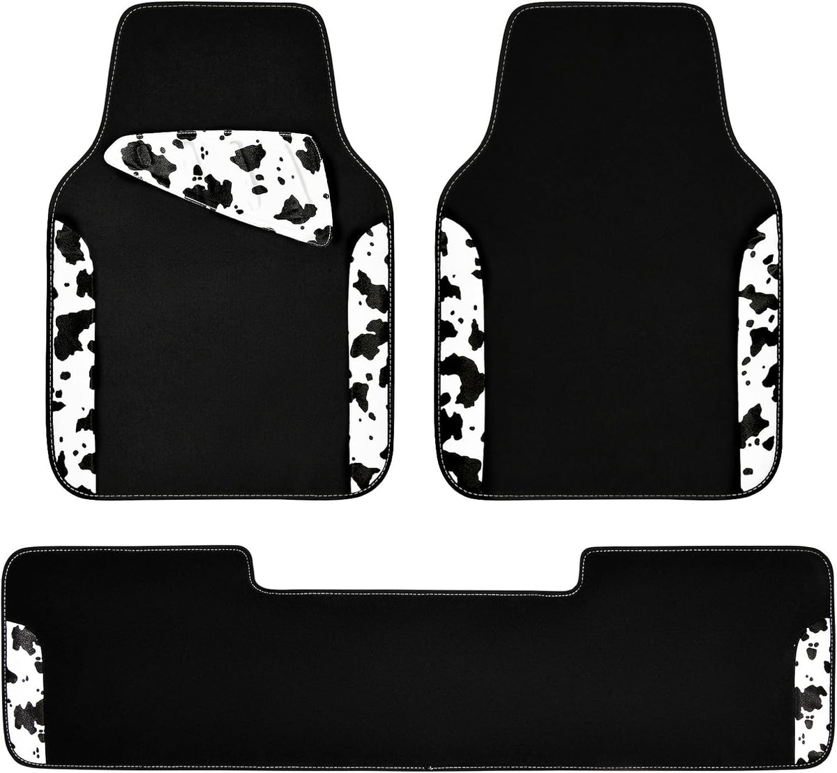 CAR-PASS Cow Print Car Accessories Sets Faux Leather Car Seat Covers & Cow Car Mats & Cow Steering Wheel Cover Seat Belt Pads Universal fit for SUV,Van,Saden,Truck Cute Automobile Interior Sets Women