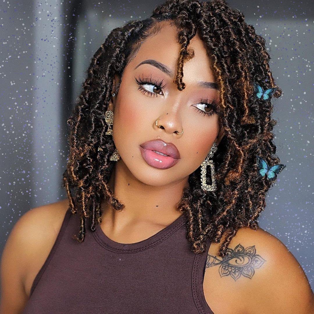 Toyotress Butterfly Locs Crochet Hair - 16 Inch 8 Pcs Ombre Brown Faux Locs Pre-Twisted Distressed Crochet Braids Pre-Looped Syn