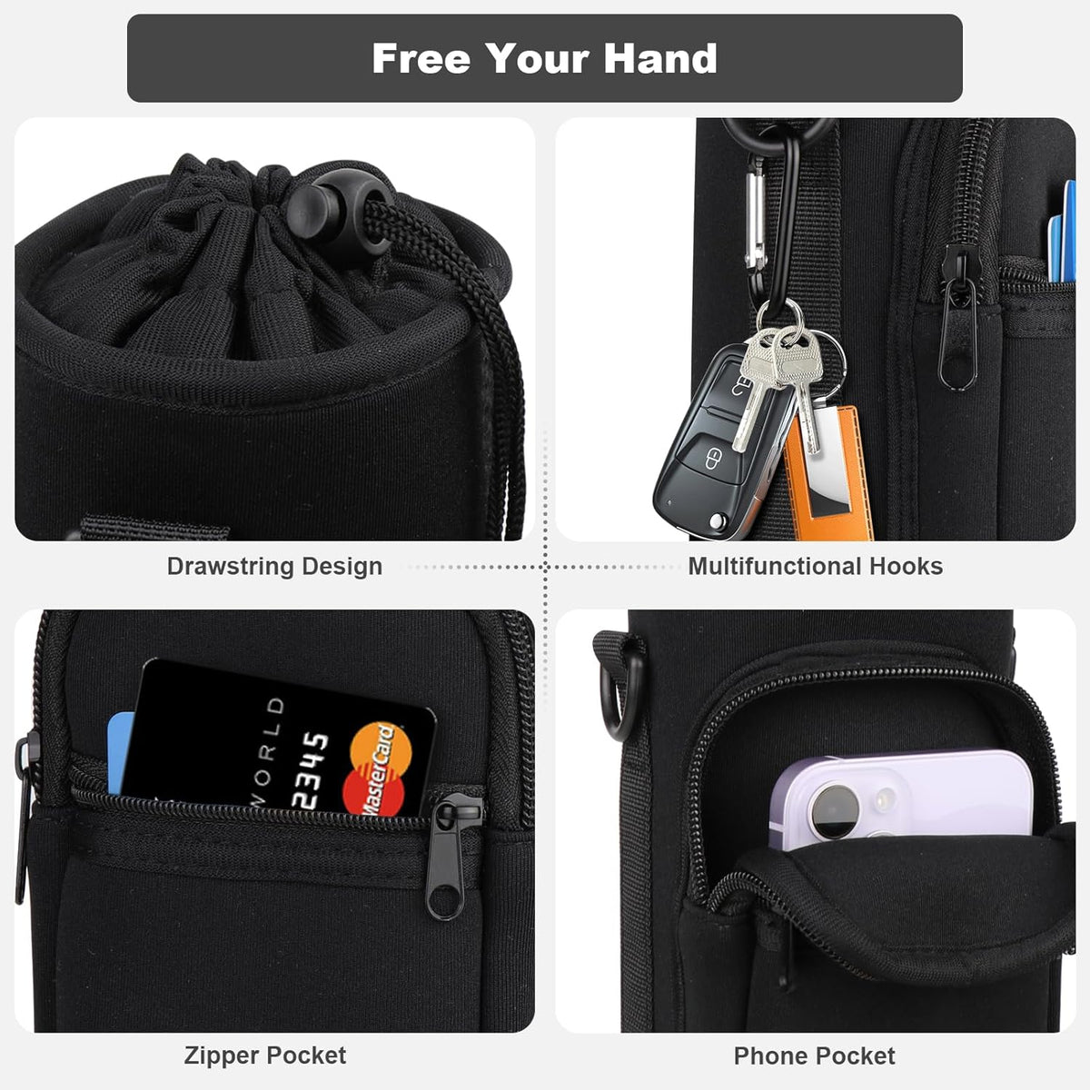 Skiennix Water Bottle Holder - Insulated Neoprene Carrier Bag with Phone Pocket | Fits 32/40 oz for Hiking & Gym