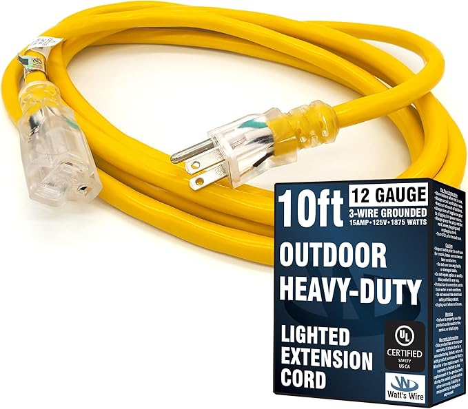 10 ft Outdoor Extension Cord Waterproof - 12 Gauge Heavy Duty Extension Cord 10 ft - Lighted Outdoor Extension Cords - Watts Wire - 10' Grounded