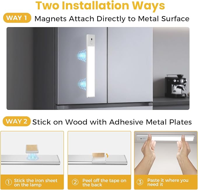 Under Cabinet Lighting with Hand Wave, 56 LED Motion Sensor Light, Rechargeable Closet Lights with 3 Color Temps, 9 Inch Dimming Magnetic Strip Night Lights for Kitchen, Wardrobe, Stairs (2 Pack)