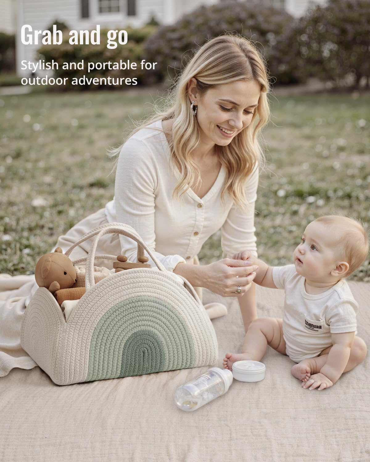 Blissful Diary Baby Diaper Caddy Organizer, Cotton Rope Diaper Caddy Basket, Large Storage Basket for Newborn Boys and Girls, Gift for Baby Shower List, Newborn Essentials, Mint Rainbow