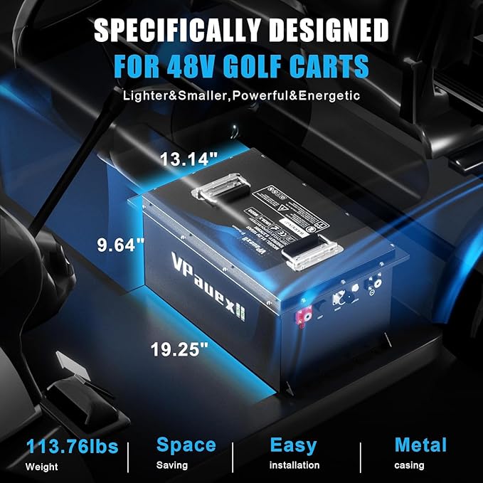 48V 105Ah Lithium Golf Cart Battery,48V Golf Cart Batteries with 22A Lithium Fast Charger,Built-in 200A BMS,Metal Casing,Supports Mobile APP,Touch Monitor,6000+ Cycles,Peak Current 600A