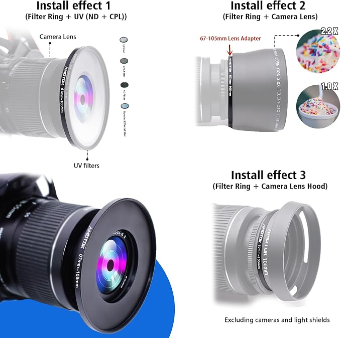 67mm Lens to 105mm Camera Lens Adapter, 67mm-105mm Filter Step up Rings