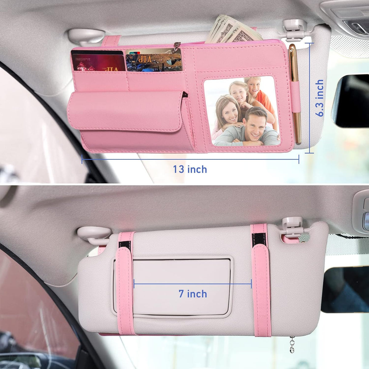 Pink Car Sun Visor Organizer, Multi-Pocket Storage Pouch for Trucks & SUV