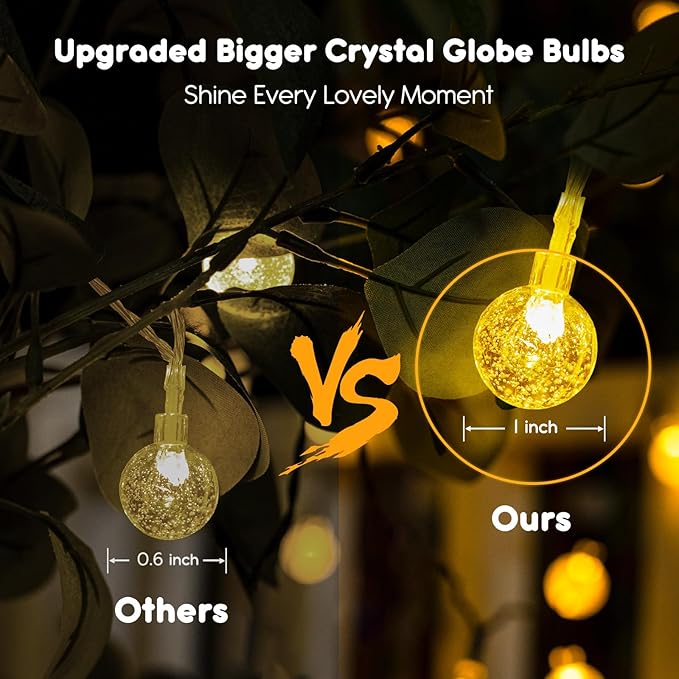 Minetom Crystal Globe String Lights Battery Operated - 33 ft 60 LED Globe Fairy Lights with Remote and 8 Modes, Waterproof for Bedroom Tent Loft Camping Porch Patio Party Wedding Decor, Warm White