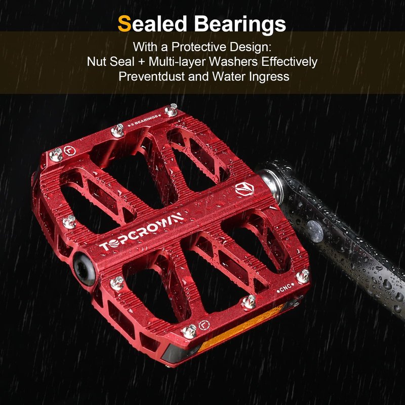 Topcrown Mountain Bike Pedals with Reflectors, Aluminum Metal Bicycle Flat Pedals 9/16" - 3 Sealed Bearings, Non-Slip Wide Platform with Removable Pins for MTB, Road Bike, BMX, Ebike (Red)