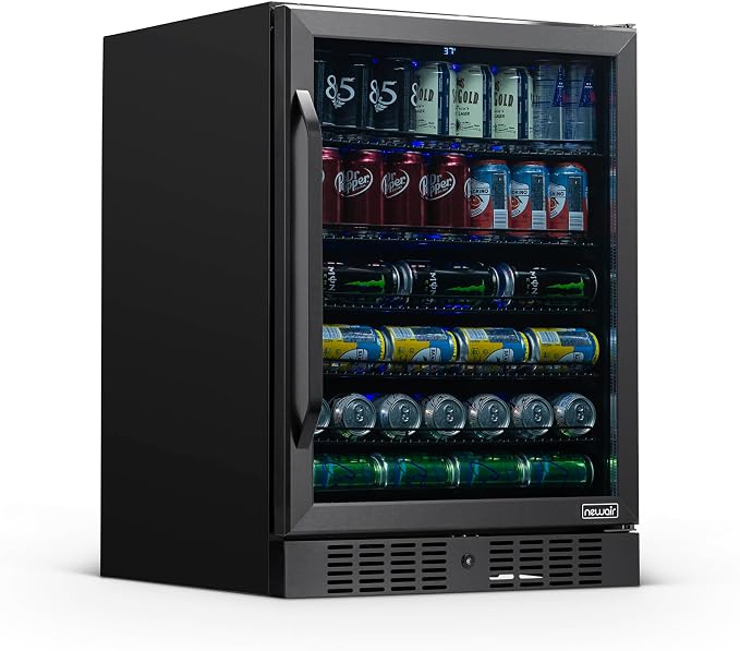 NewAir Beverage Refrigerator with Glass Door | 177 Can Mini Fridge for Bedroom, Dorm, Office, or Gaming Setup | Soda, Beer, and Wine Cooler | Black Stainless Steel