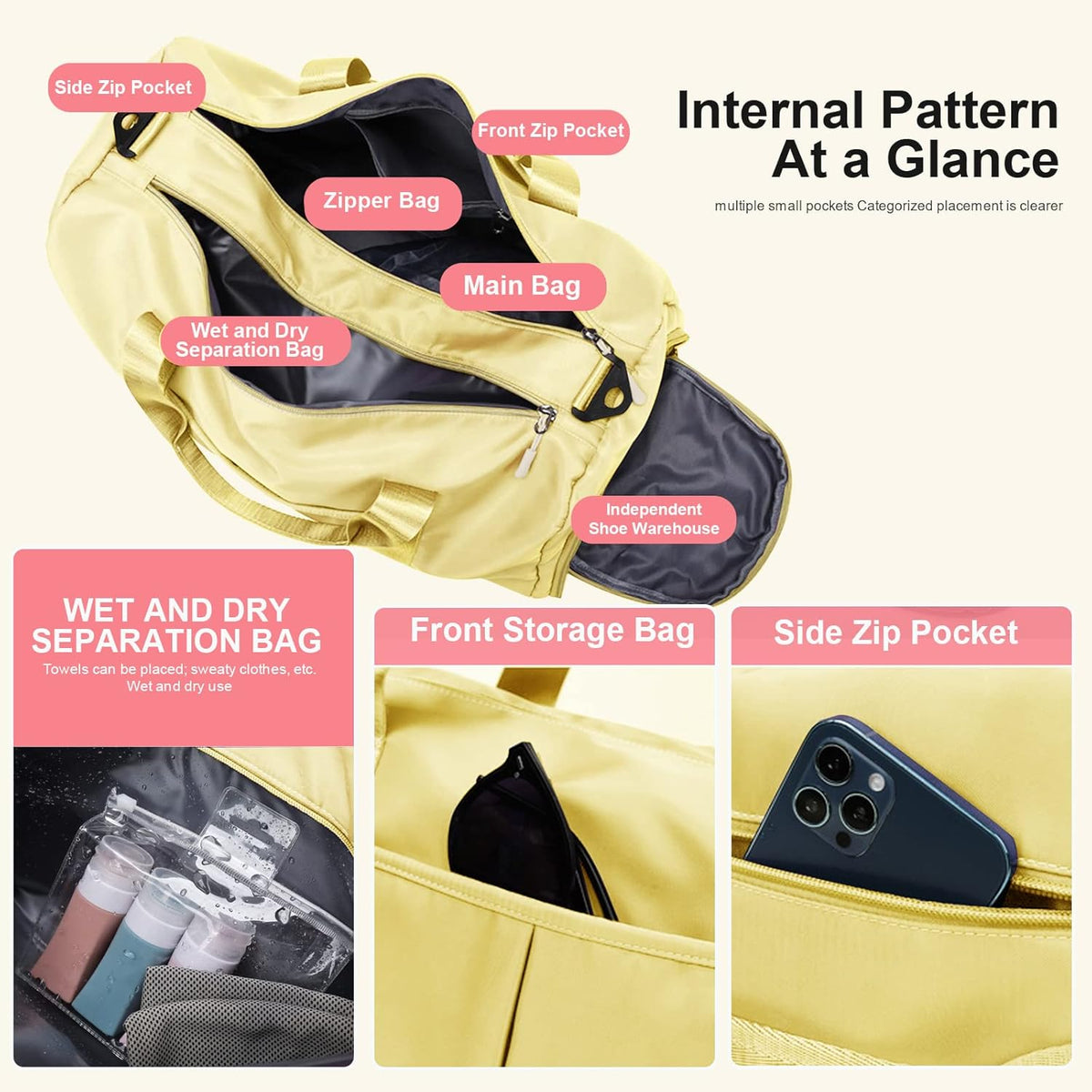 ZGWJ Sports Gym Bag - Waterproof Weekender with Wet Pocket & Shoe Compartment | Lightweight Beige