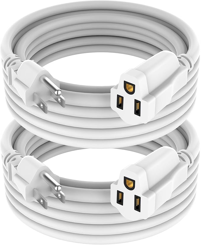 2 Pack Power Extension Cord 10FT, 3-Prong Grounded Electrical Extension Cable Outlet Saver, Single Outlet Extender, Outdoor and Indoor, Heavy-Duty, Waterproof, Flexible, 16AWG, SJTW, 13A 125V(White)