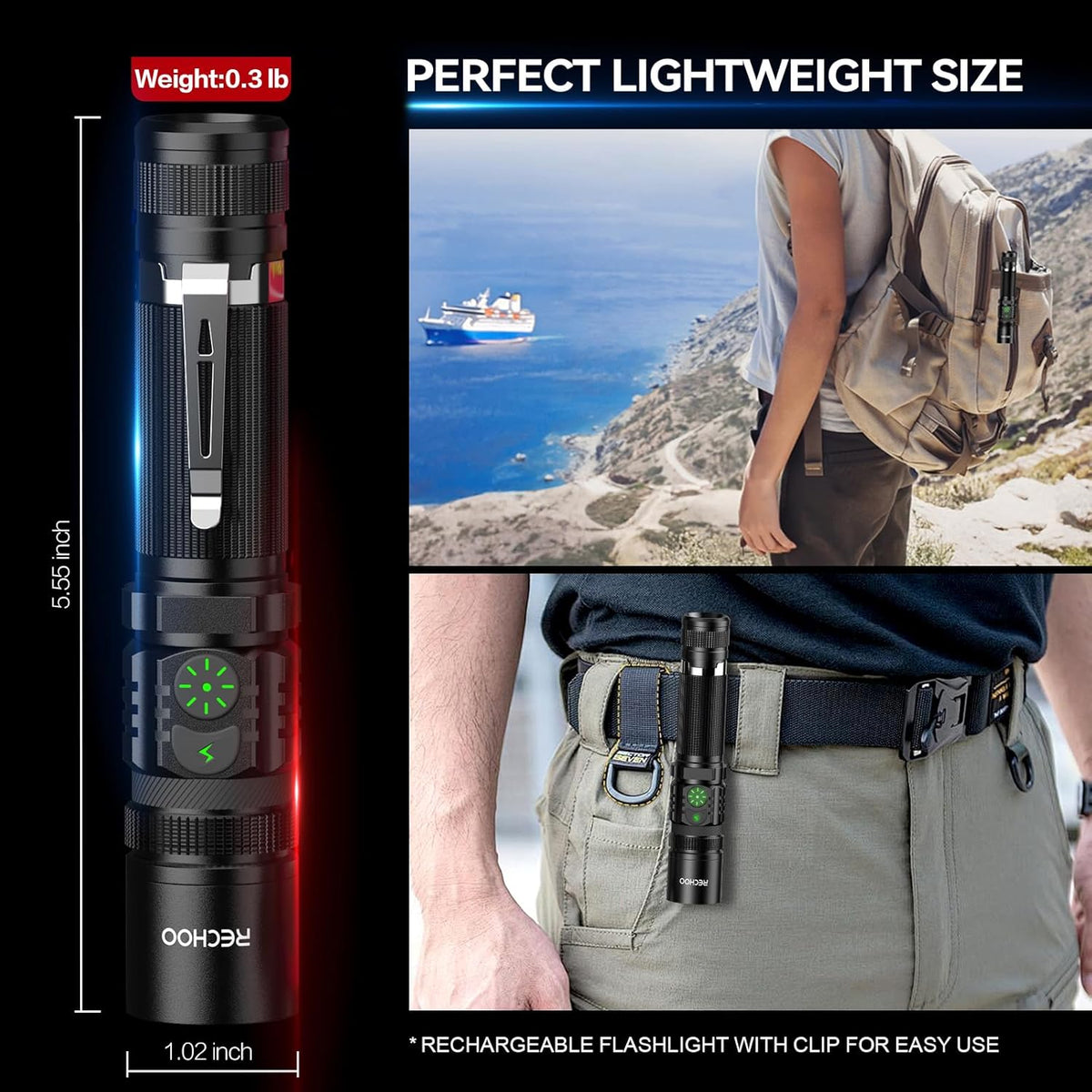 RECHOO Rechargeable LED Flashlight - High Lumens, Dual Switch, 5 Lighting Modes | Ideal for Home & Camping