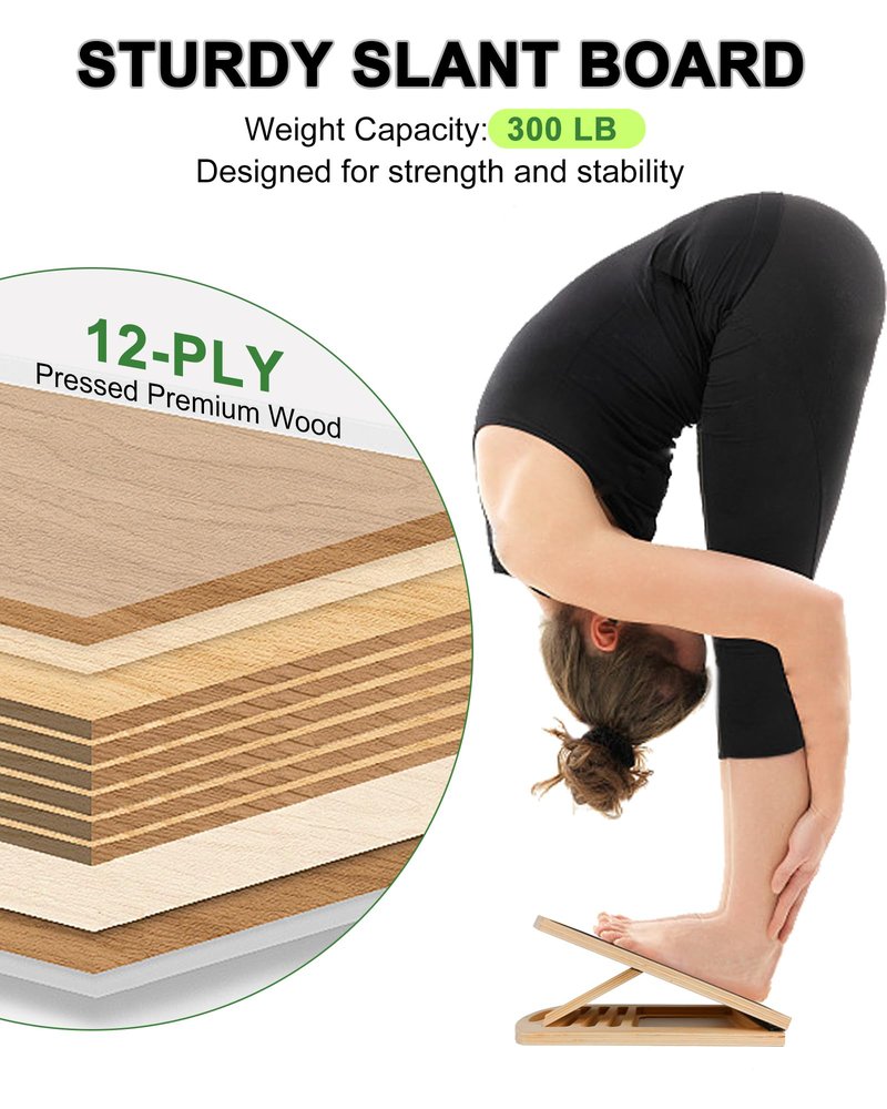 Slant Board for Calf Stretching, Adjustable Wooden Incline Board with Anti Slip Barrier, 300LB Capacity Portable Calf Stretcher for Physical Therapy, Squats, Ankle & Heel Support at Home/Gym