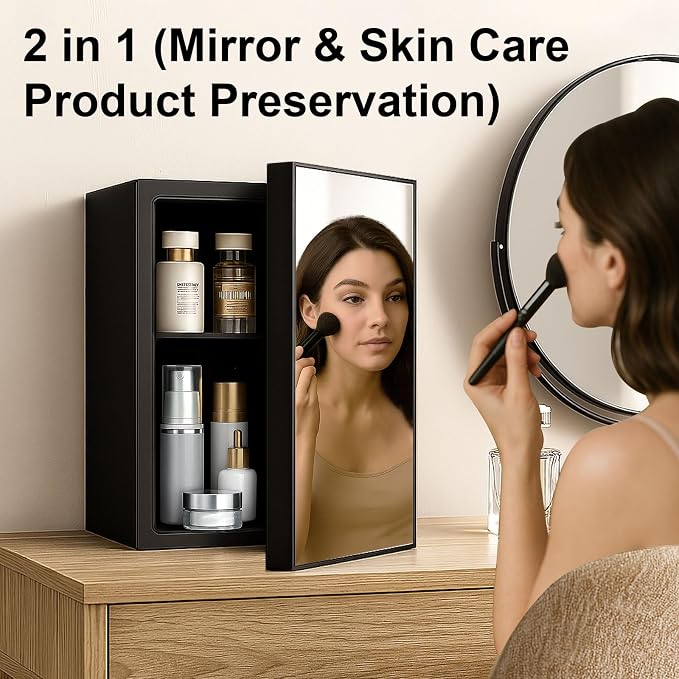 7 Temp Control 24 Can Mini Fridge, 0.95 Cu.Ft Beverage Cooler | for Soda, Beer, Wine, Beauty Products, Mirrored Door Compact Refrigerator for Bedroom, Dorm, Office, Storage