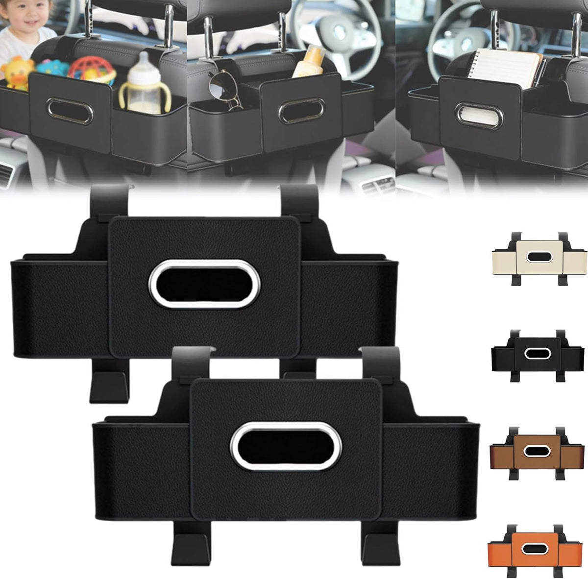 Car Organizer and Storage Box, 3-in-1 Car Seat Back Storage Box, Multifunctional Headrest Backseat Organizer with 2 Cup Holders, Smart Car Organizer for Most Vehicles (2pcs Black)