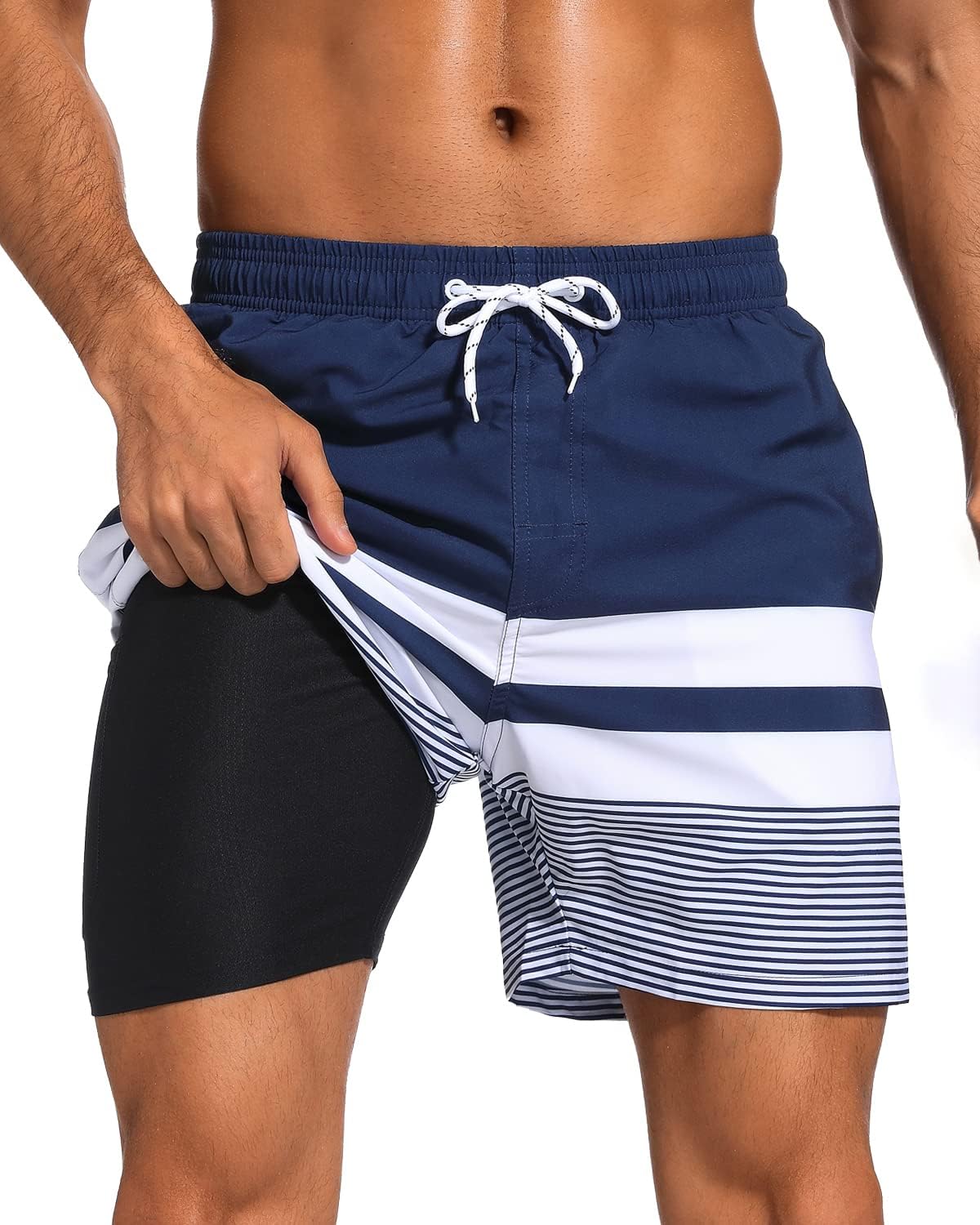 SILKWORLD Men's Swim Trunks - 2-in-1 Quick Dry Bathing Suit with Compression Liner & Zipper Pockets