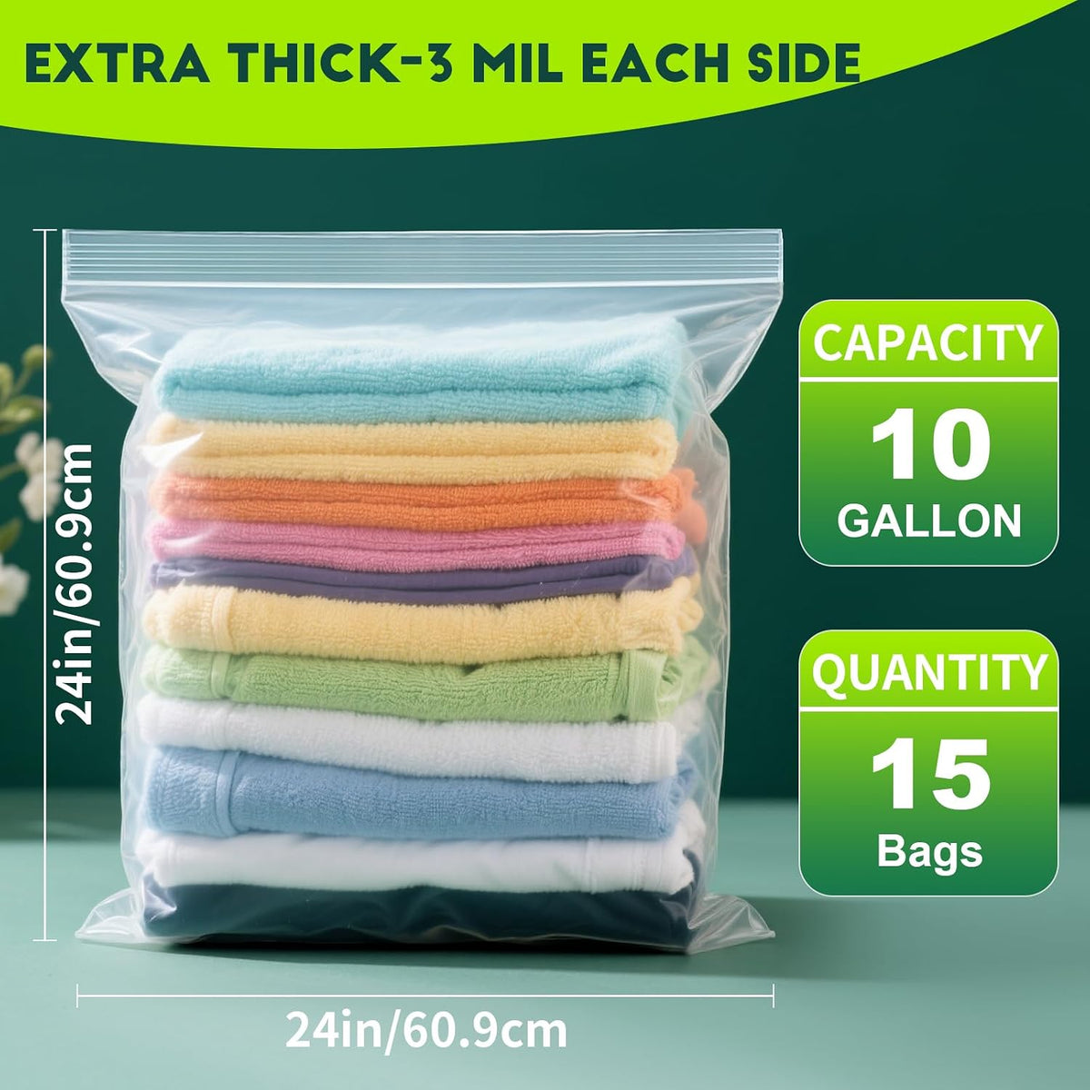TUXIYA 15PACK 10 Gallon Extra Large Zipper Plastic Bags for Storage 24"x24"