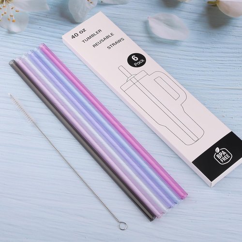 Joshey 12 Inch Tritan Replacement Straws - 6 Pack Reusable Straws with Cleaning Brush for Stanley 40oz Tumbler, BPA-Free (Clear)