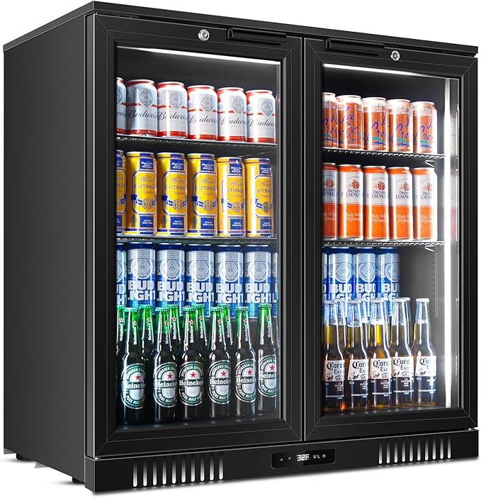 Back Bar Cooler 2 Door 216 Can Black | built-in/free, fast cool, temp memory, 2 locks, LED, low-e glass