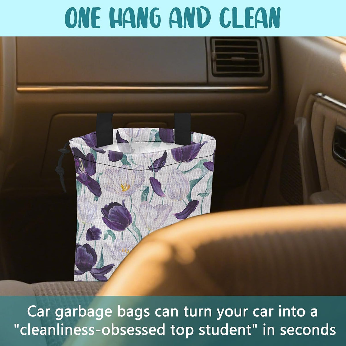 Car Trash Bag Purple Tulips and Leaves Hanging Drawstring Car Organizer and Storage Bag with Adjustable Buckle Canvas Garbage Bin for Back Seat or Hanging Headrest Car Decor Road Trip Essentials