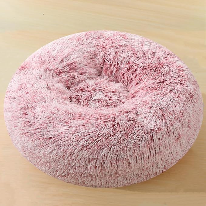 Calming Dog & Cat Bed, 24 Inch Anti-Anxiety Donut Cuddler Cat Bed with Anti-Slip Bottom, Washable Round Fluffy Pet Bed for Small Medium Dogs and Cats (Rose White)
