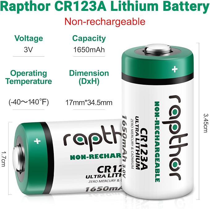 rapthor CR123A 3V Lithium Batteries CR17345 16 Pack 1650mAh High Power 123A 10