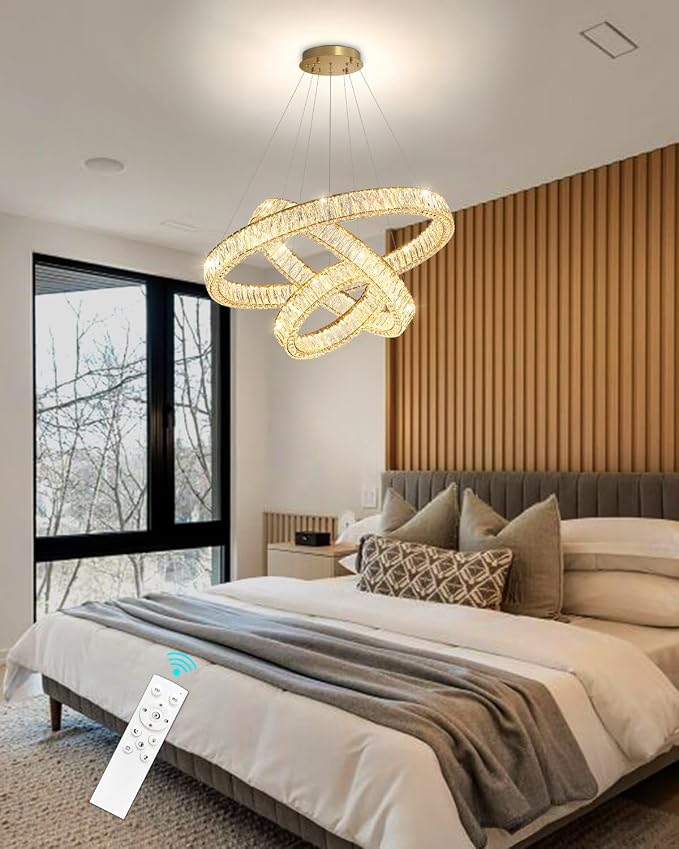 HAIXIANG Modern Glam Chandelier Crystal LED Remote Rings Chandelier Adjustable